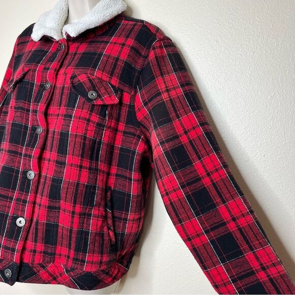 Torrid Sherpa Lined Red Plaid Trucker Jacket Shacket Buttons Cotton Women 2X - Picture 6 of 14